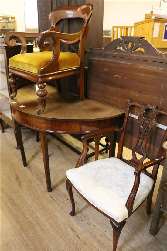 D end of a George III mahogany dining table, elbow chair & armchair(-)